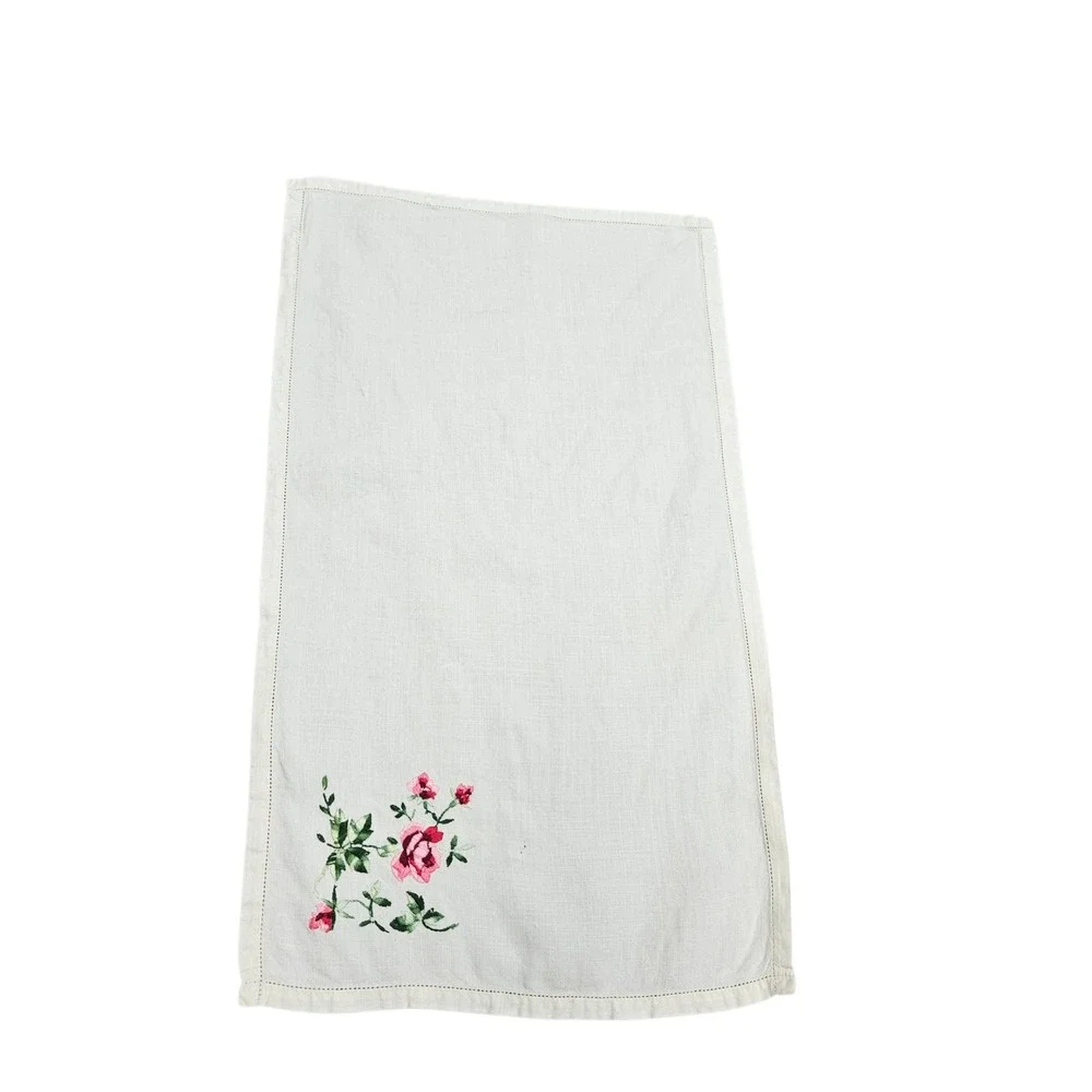 Vintage Embroidered Linen Tea Towel Cottagecore Floral Pink Green Roses